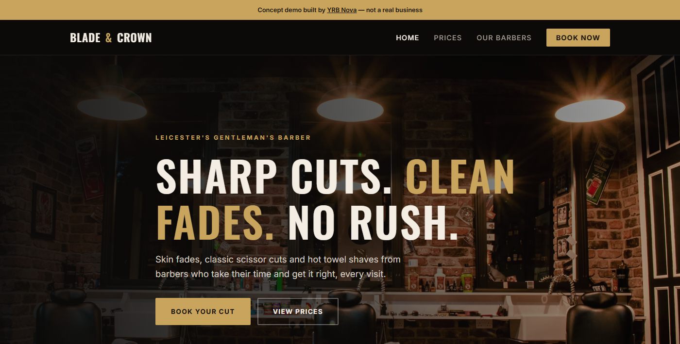 Blade and Crown barber shop website demo designed by YRB Nova