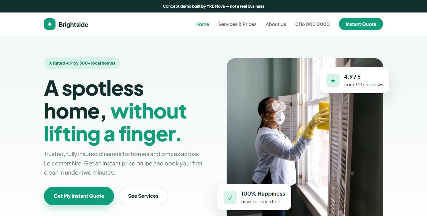 Brightside Cleaning company website demo designed by YRB Nova